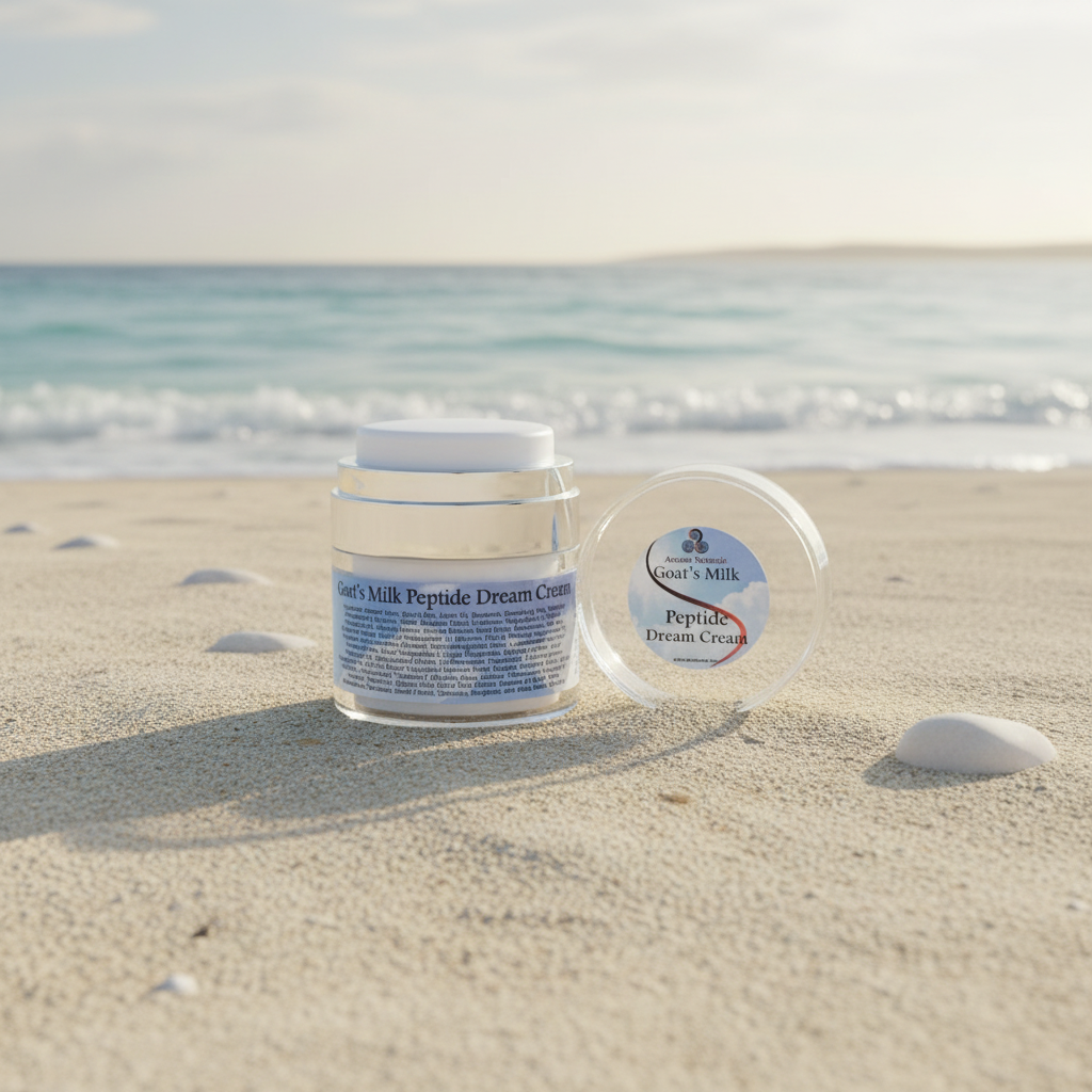 Goat's Milk Peptide Dream Cream on Beach Background